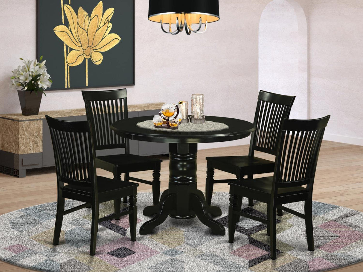 East West Furniture SHWE5-BLK-W 5 Piece Dining Room Furniture Set Includes a Round Dining Table with Pedestal and 4 Wood Seat Chairs, 42x42 Inch, Black East West Furniture