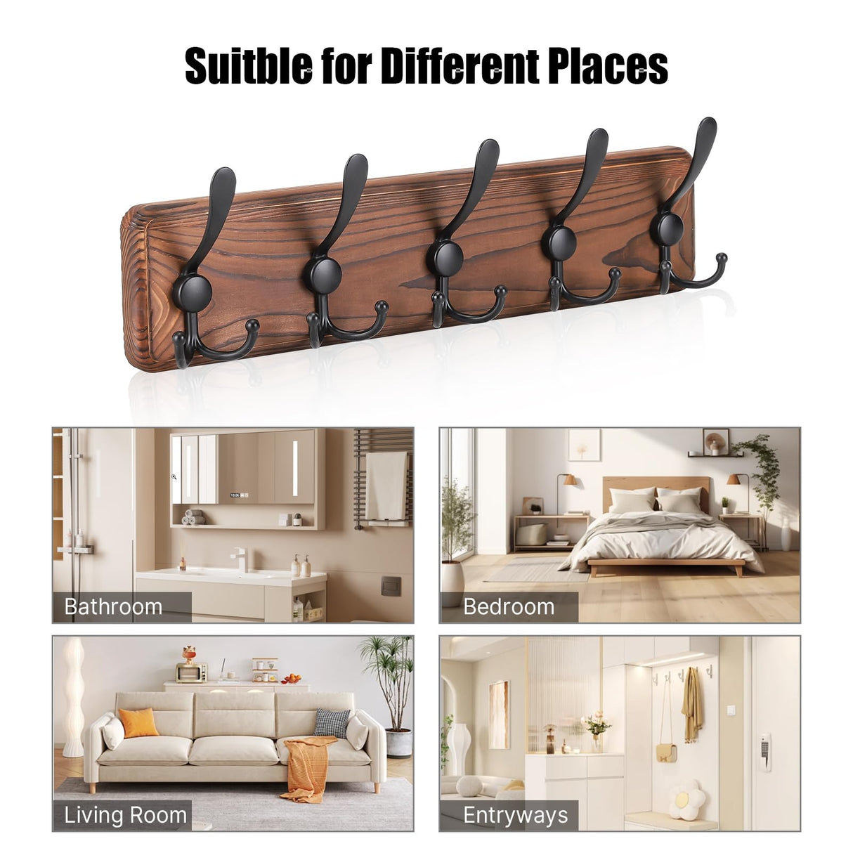 Gohiuo Rustic Wall Mount Coat Rack, Coat Hooks Wall Mount Wood Coat Rack with 5 Triple Hooks, Heavy Duty Wooden Wall Mounted Coat Hanger for Entryway, Farmhouse Hanging Coats, Hats, Bags,Towels Gohiuo