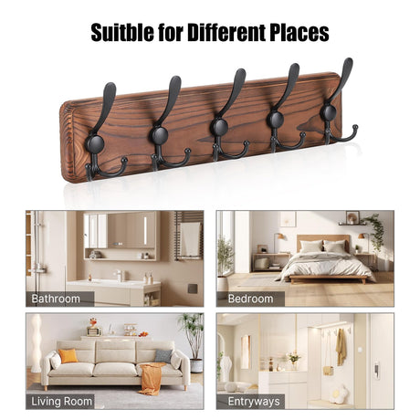 Gohiuo Rustic Wall Mount Coat Rack, Coat Hooks Wall Mount Wood Coat Rack with 5 Triple Hooks, Heavy Duty Wooden Wall Mounted Coat Hanger for Entryway, Farmhouse Hanging Coats, Hats, Bags,Towels Gohiuo