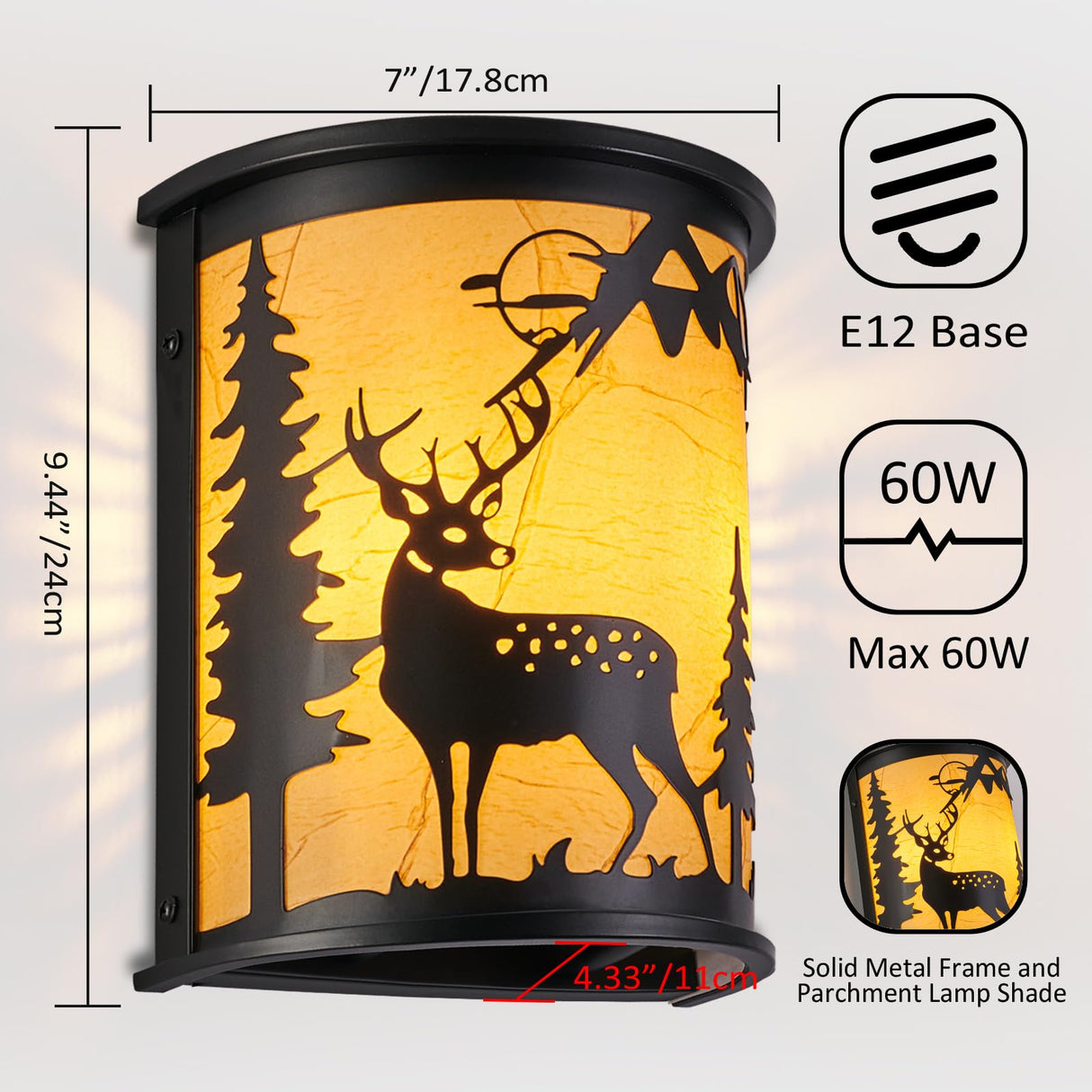 Monyohame Rustic Deer Wall Sconce,Farmhouse Indoor Wall Light Fixtures,E12 Base Modern Industrial Wall Lamp Lighting Fixture for Bedroom, Hallway,Living Room, Stairway,Headboard Monyohame