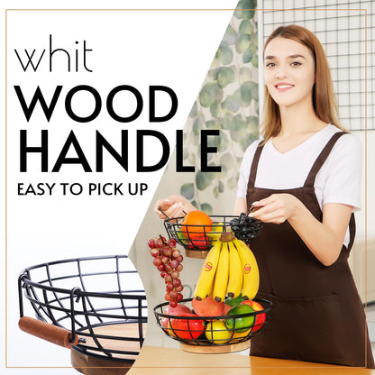 WILDMOS 2-tier Fruit Basket Bowl,Metal Basket with Wooden Base,Fruit and Vegetable Storage with Banana Hanger,Fruit Basket for Kitchen Counter Organizer. - WoodArtSupply