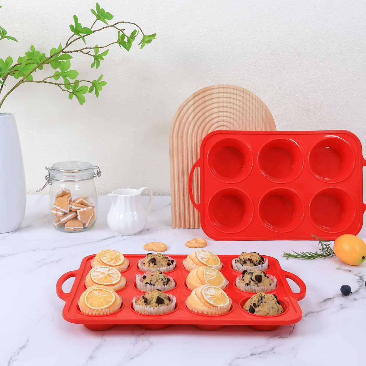 Foepoge 2 Pack Silicone Muffin Pan with Metal Frame, Non-stick Regular Silicone Cupcake Pan with Handles 12 Cup, Silicon Muffin Tin Tray for baking, egg bites, Cupcake Mold, BPA Free Red Foepoge