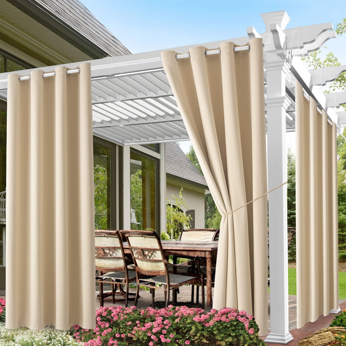 Waterproof Outdoor Curtain W52 x L84 - Grommet Top Sunlight Blocking Window Treatment Drapes Blackout Curtains for Home Bedroom Living Room Patio Porch Pergola Cabana Gazebo (Beige, 2 Panels)