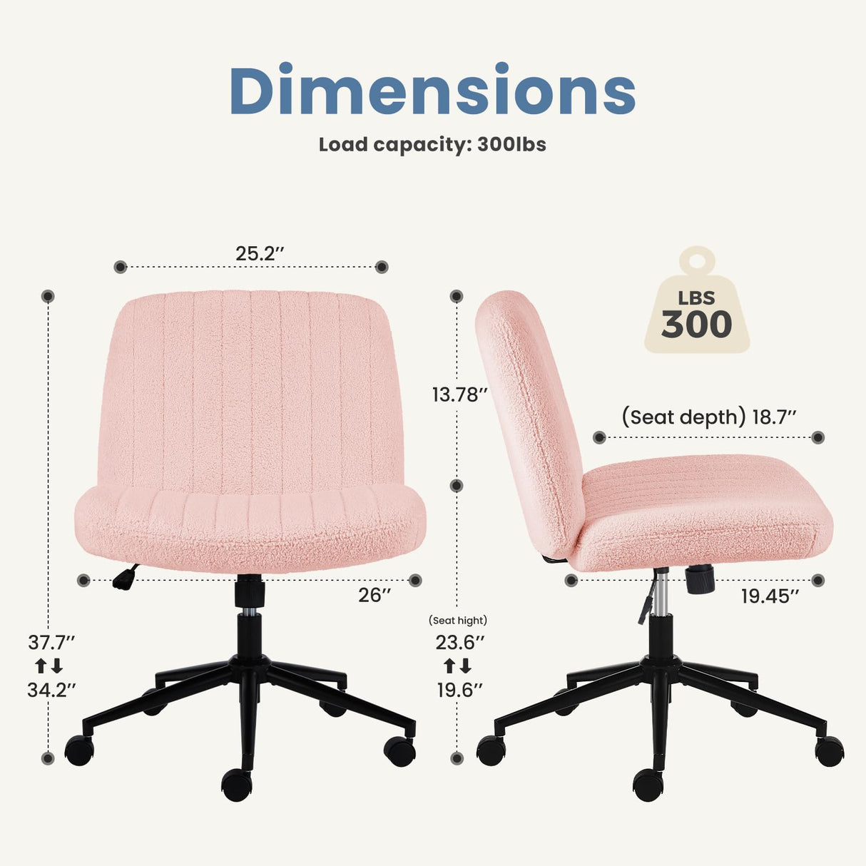 DUMOS Criss Cross Chair with Wheels, Legged Office Armless Wide Desk Seat with Dual-Purpose Base, Adjustable Swivel Teddy Fabric Task Vanity Home Bedroom, Pink DUMOS