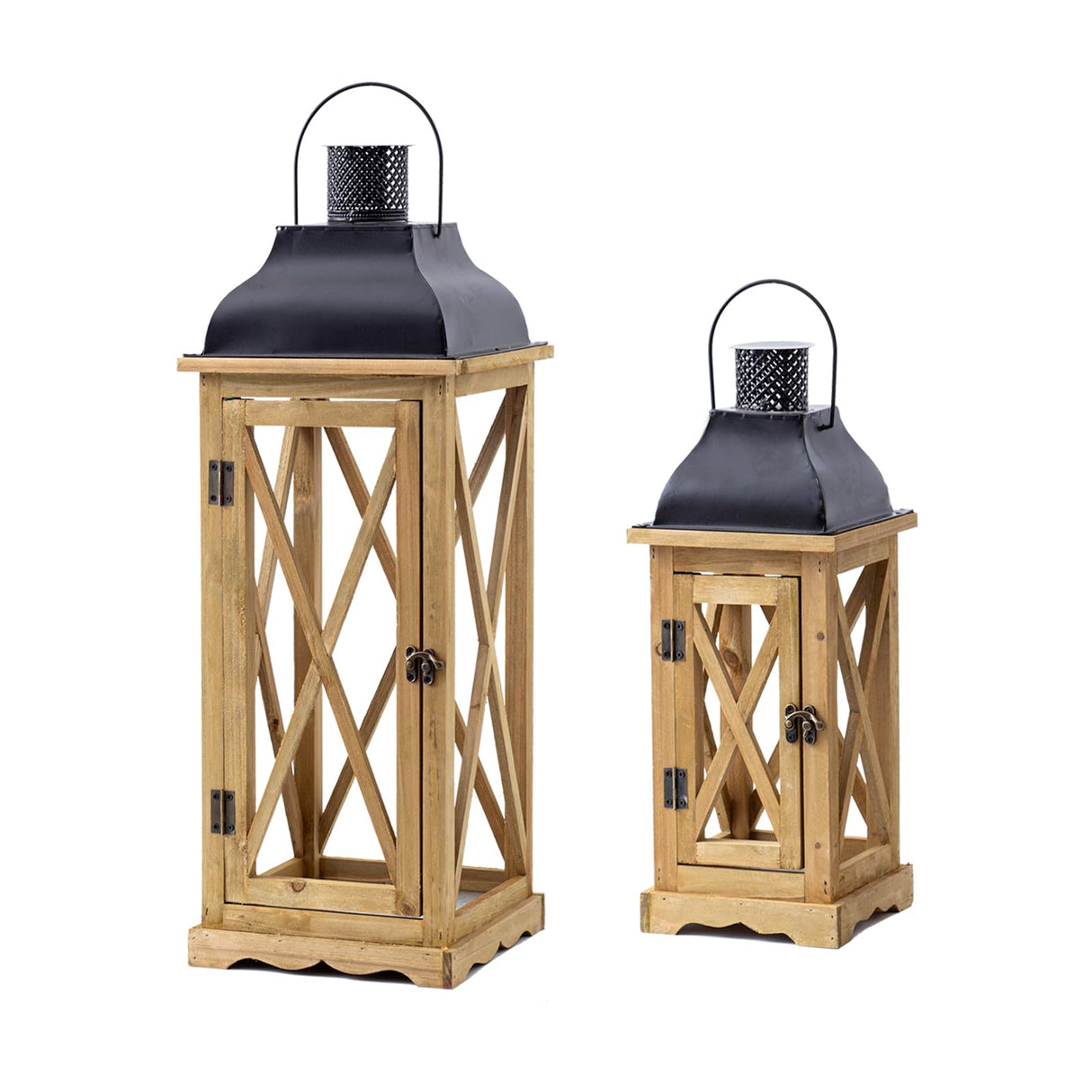Venalys Farmhouse Wooden Metal Candle Lantern Set of 2, Rustic Large Decorative Floor Lanterns, Indoor/Outdoor Hurricane Lantern for Home Decor (No Glass) Venalys