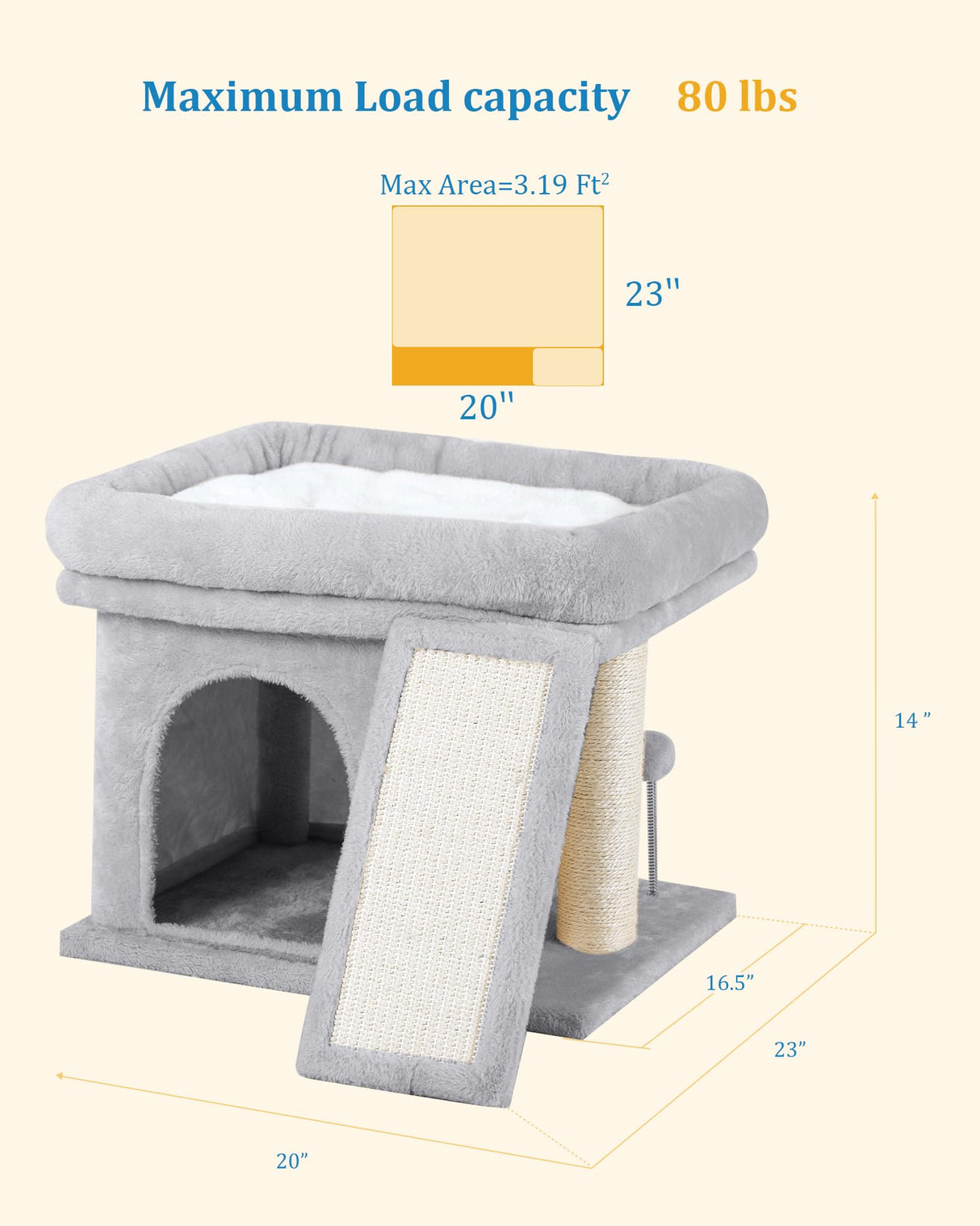Aechonow Cat Tree Tower for Large Cat, Cat Bed House with Large Perch for Adult Cats, 20 * 16.5 Inch Big Platform for Indoor with Super Cozy Mat, Large Condo with Scratching Post, Light Gray Aechonow