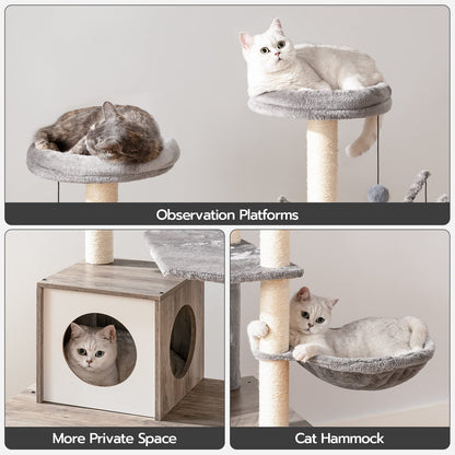 HOOBRO Cat Tree with Litter Box Enclosure & Scratching Posts for Indoor Cats, All-in-One Wooden Cat House Furniture, Cat Condo with Hammock, Detachable Teaser Sticks, Greige BG14MZ03 - WoodArtSupply