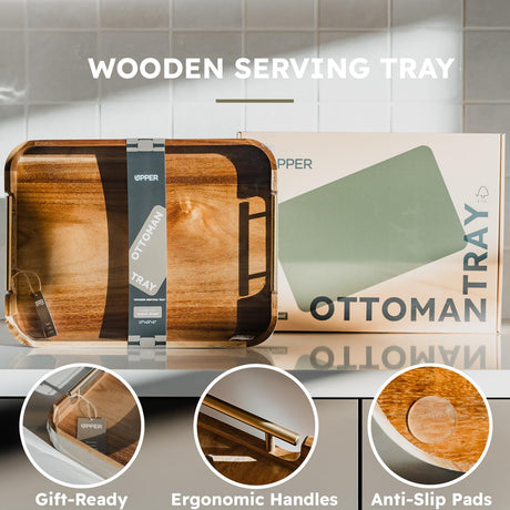 UPPER Ottoman Tray 17x13 Inches Acacia Wood Serving Tray with Handles, Decorative Serving Tray with Handles, Wooden Serving Tray for Ottoman, Coffee Table Tray, Breakfast Tray Anti-Skid Pad Included Upper