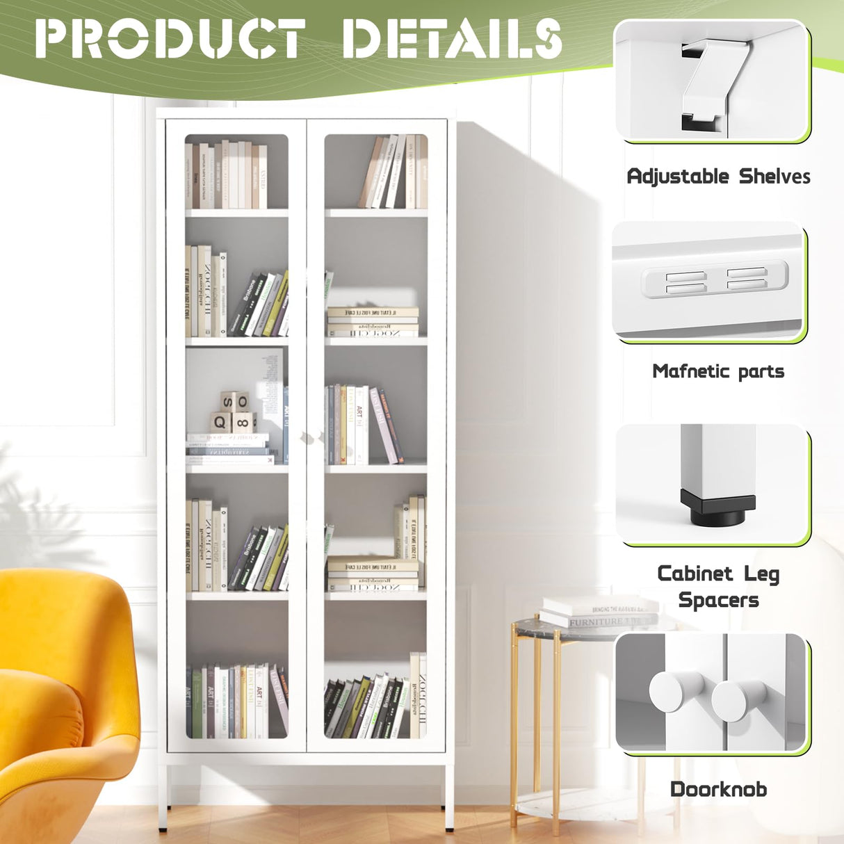 Oakcloud 67" Metal Glass Display Cabinet, Storage Cabinet for Collectibles, Curio, China, Books, Display Case with Glass Doors and 4 Adjustable Shelves for Home Office, Living Room, Pantry (White) Oakcloud