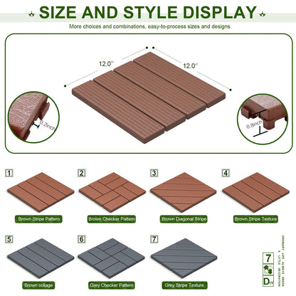 ZJT 44 Pack Plastic Interlocking Deck Tiles,44 sq.ft,12"x12"Indoor Outdoor Waterproof Patio Floor Decking Tiles All Weather Use for Balcony Backyard(Brown Texture)