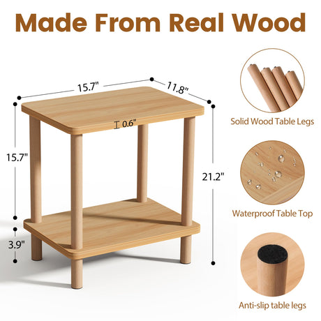 2 Tier End Table Low Table with Solid Wood Legs, Small Coffee Table Side Table, Boho Bedside Table with Storage Shelf, Nightstand for Small Spaces, Bedroom, Living Room, Entryway, Farmhouse, Natural FURMORENE