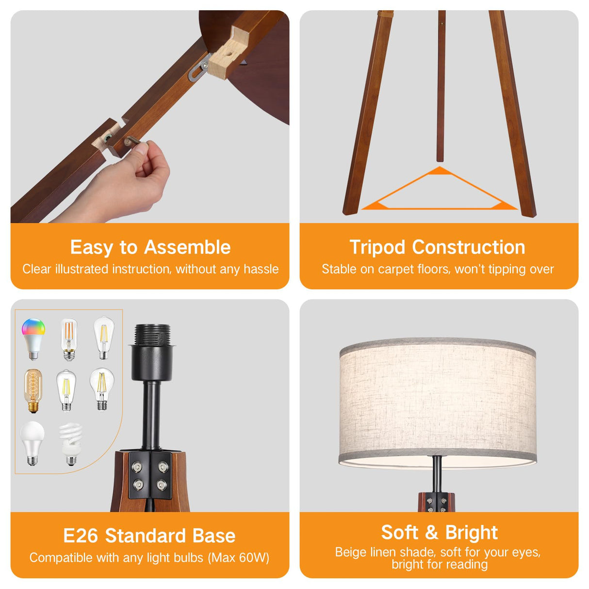 OUTON Dimmable Wood Tripod Floor Lamp with Shelves, Remote Control, Mid Century Modern Standing Lamp 58.5" for Bedroom, Living Room, and Office, Flaxen Lamp Shade Include E26 9W Bulb OUTON