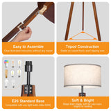 OUTON Dimmable Wood Tripod Floor Lamp with Shelves, Remote Control, Mid Century Modern Standing Lamp 58.5" for Bedroom, Living Room, and Office, Flaxen Lamp Shade Include E26 9W Bulb OUTON