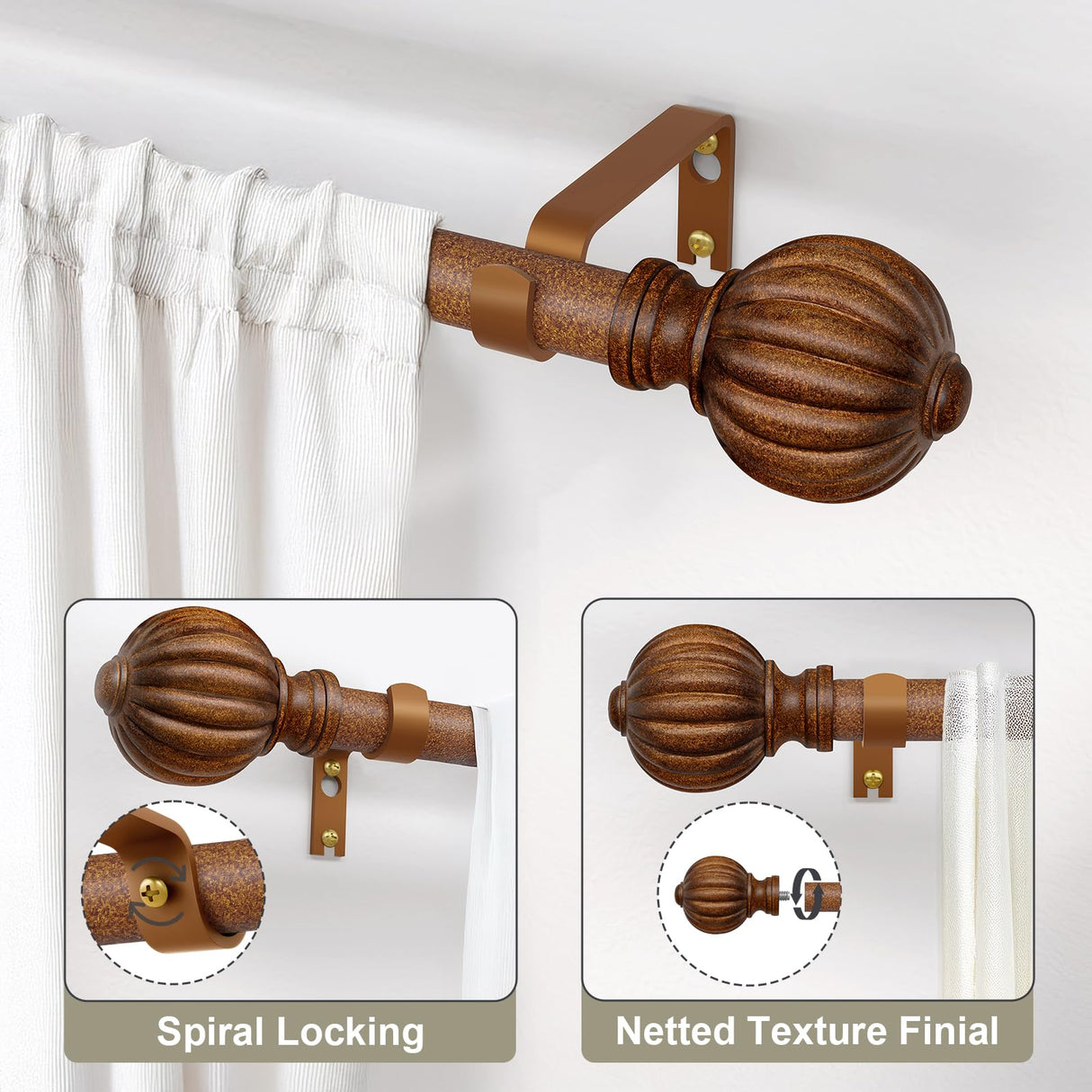 QDWIS Curtain Rods for Windows 28 to 48 Inch, 1 Inch Wood Adjustable Heavy Duty Decorative Drapery Rods with Classic Finials, Imitation Red Wood Window Curtain Pole, 18-45'' QDWIS