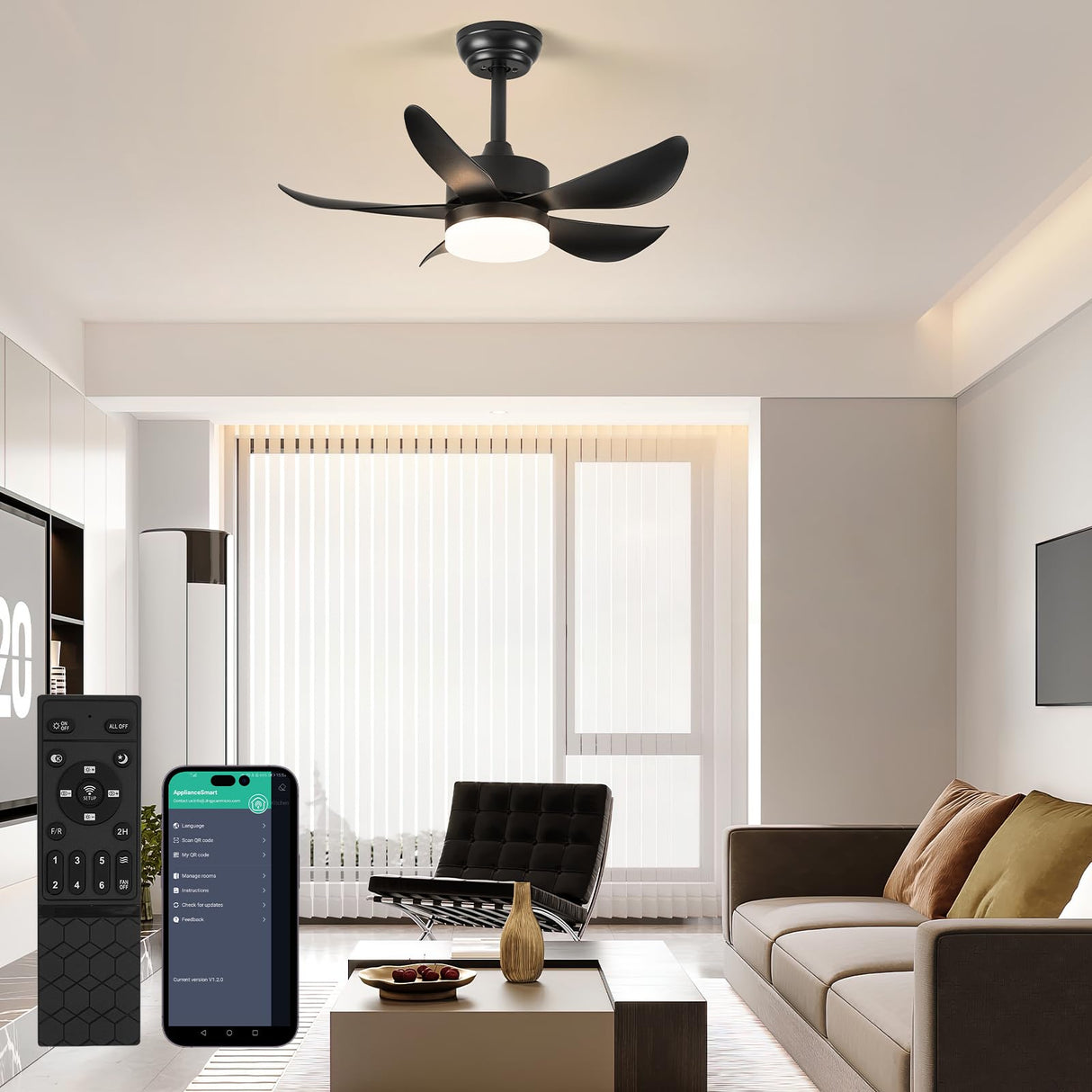RHEAFON Ceiling Fans with Lights and Remote,30 Inch Smart Ceiling Fan,Reversible,Noiseless,Small Black Ceiling Fan for Bedroom Kitchen Indoor/Outdoor Patio RHEAFON