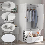 Wardrobe Closet with 2 Door & 2 Drawer, 71" White Bedroom Wooden Armoire with Hanging Rod, Freestanding Large Capacity Clothing Wardrobe Cabinet w/Gold Handles for Bedroom Buenhomino