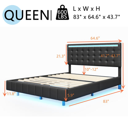 Bellemave Adjustable Queen Size Floating Bed Frame with LED Lights and USB Charger in Black - WoodArtSupply