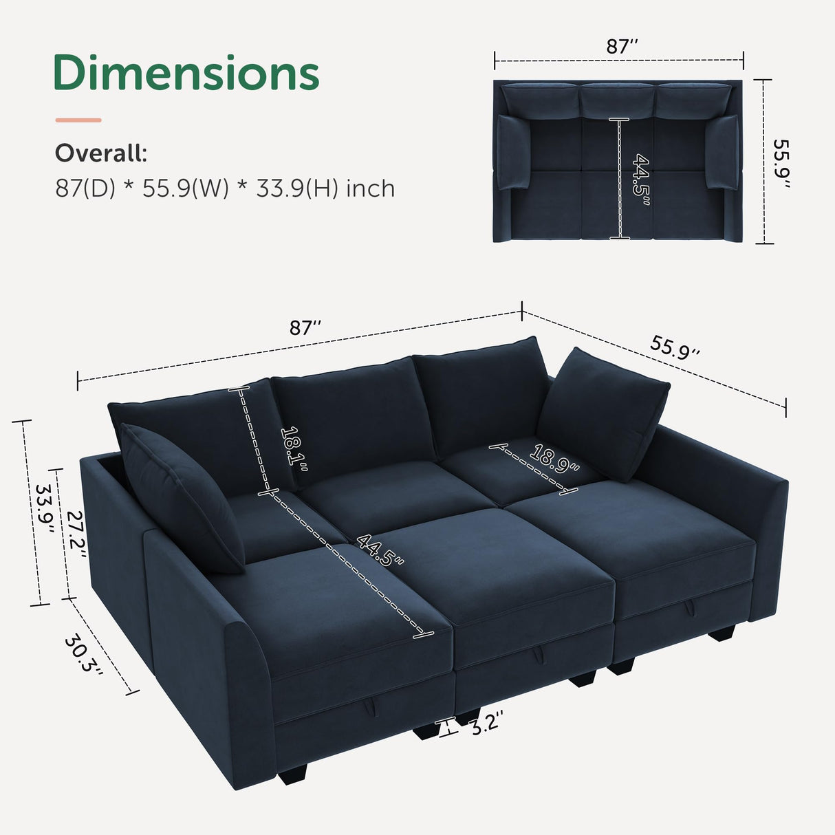 HONBAY Modular Sectional Sleeper Sofa Velvet Sectional Sleeper Couch with Storage Sleeper Sofa Couch for Living Room,Dark Blue HONBAY