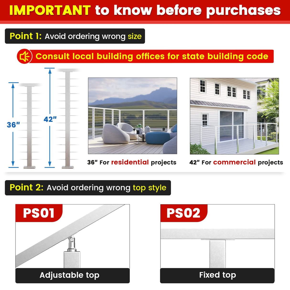 Muzata Cable Railing Post 36 Inch 36"x2"x2" Level Drilled Surface Mount Brushed T304 Stainless Steel Cable Railing System Kit Indoor Outdoor with Paper User Guide PS02 LH4S Muzata