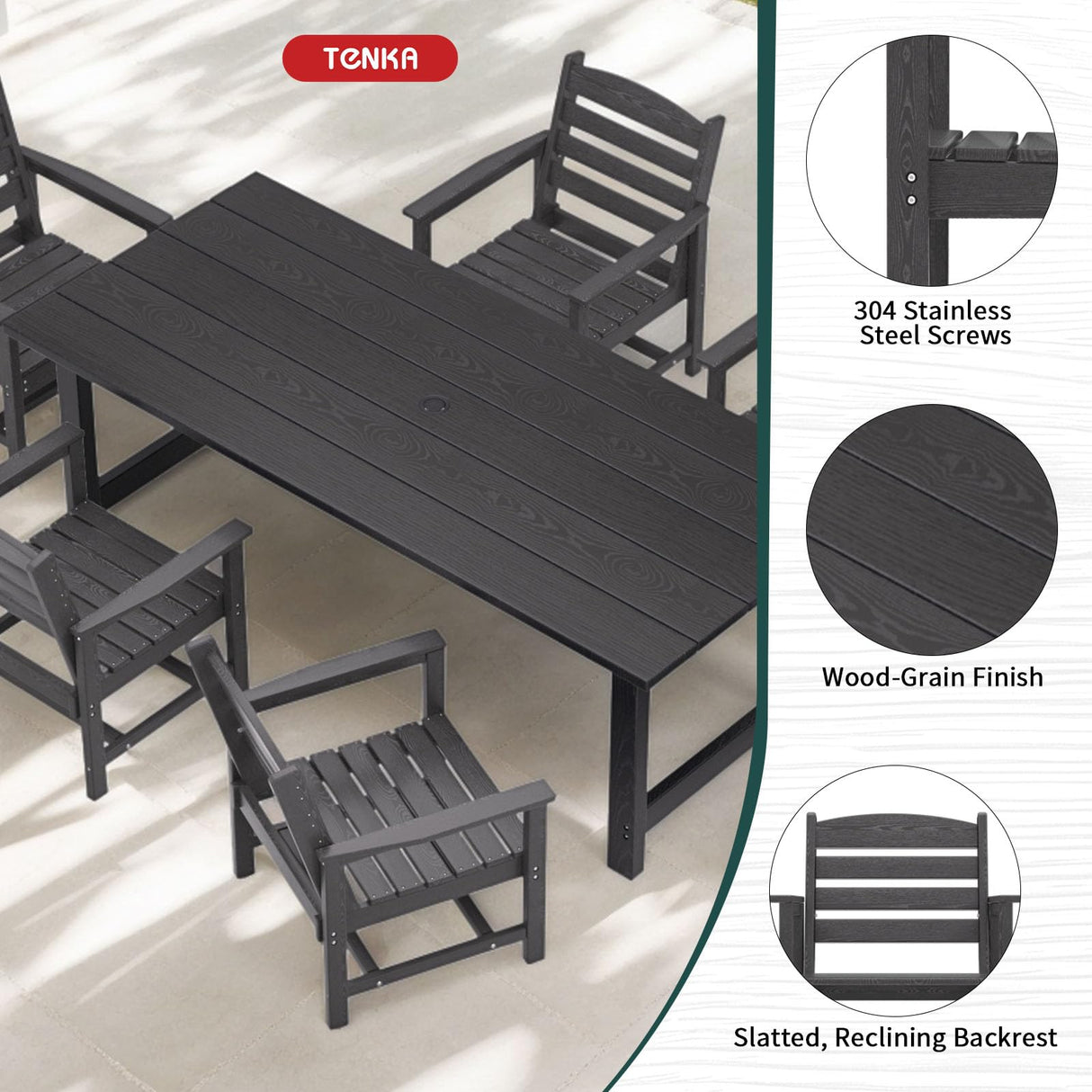 TenKa 7 Piece HDPE Patio Furniture Set for 6, Dining Table and Chairs, Outdoor Table with Umbrella Hole, Outdoor Dining Set for Garden, Backyard, Lawn, and Poolside TenKa