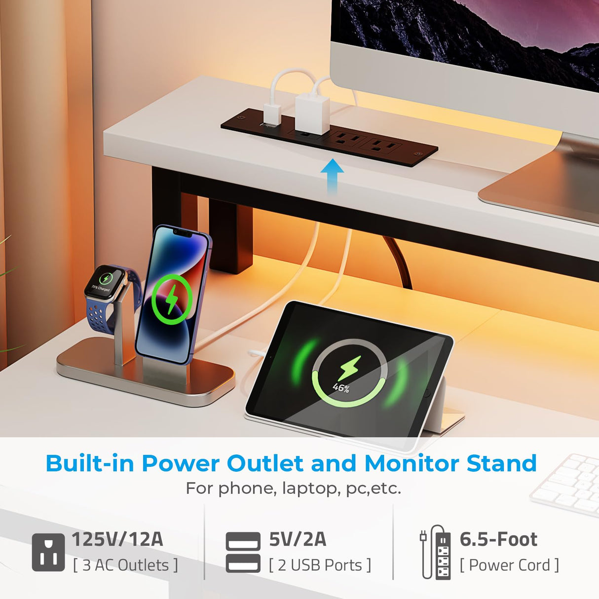 GreenForest Computer Desk 50 Inch with Monitor Stand and LED Lights, Gaming Desk with 2 Fabric Drawers and Power Outlets, Office Desk with Shelves, White GreenForest