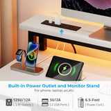 GreenForest Computer Desk 50 Inch with Monitor Stand and LED Lights, Gaming Desk with 2 Fabric Drawers and Power Outlets, Office Desk with Shelves, White GreenForest