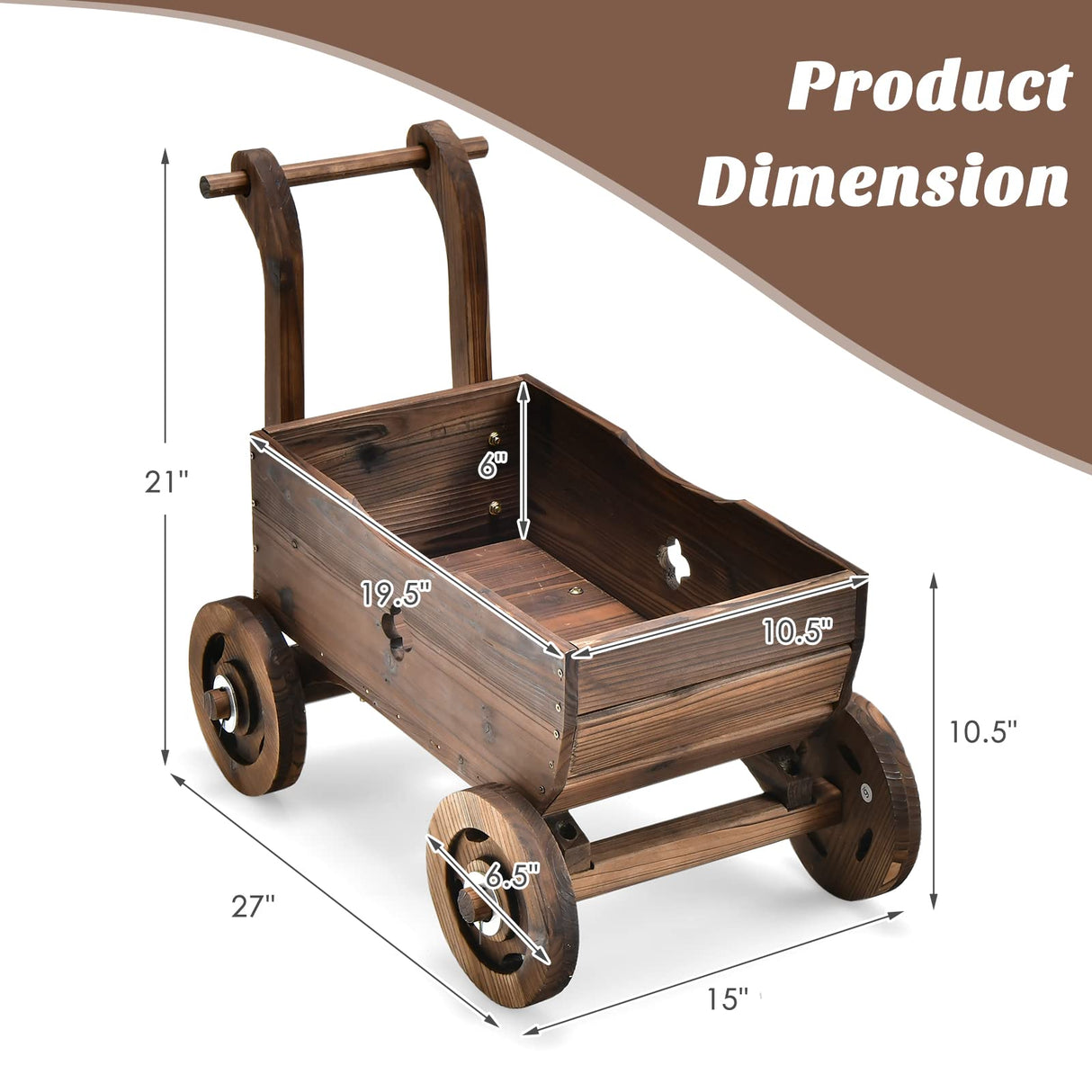 HAPPYGRILL Wagon Flower Planter Cart, 4-Wheel Wood Garden Wagon Decor with 2 Drainage Holes, Movable Flowerpot Holder Stand, Indoor Outdoor Raised Plant Bed HAPPYGRILL