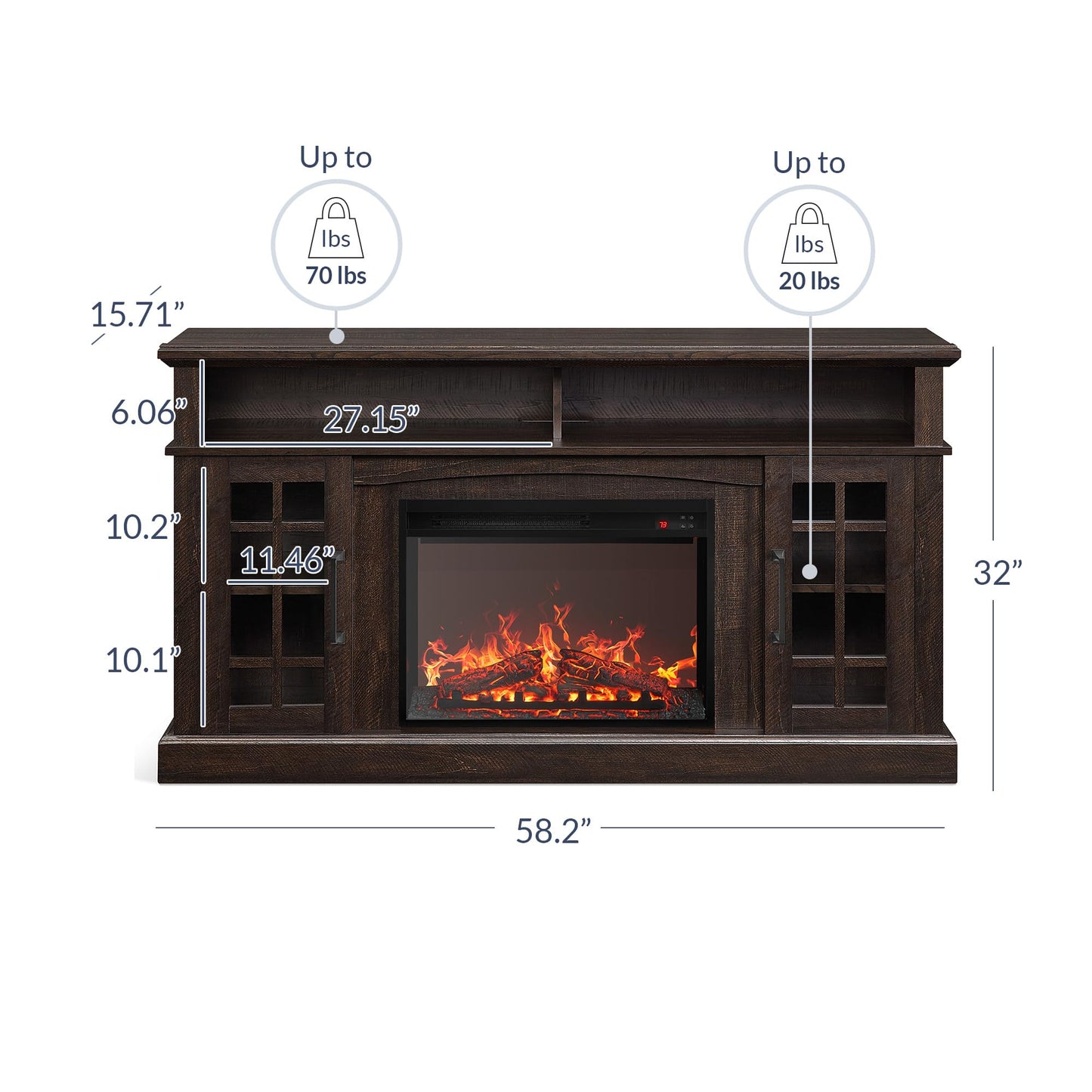 BELLEZE Traditional 58" Rustic TV Stand with 23" Electric Fireplace Heater with Sound, Media Entertainment Center Console Table for TV up to 65" with Open Storage Shelves and Cabinets - Espre - WoodArtSupply