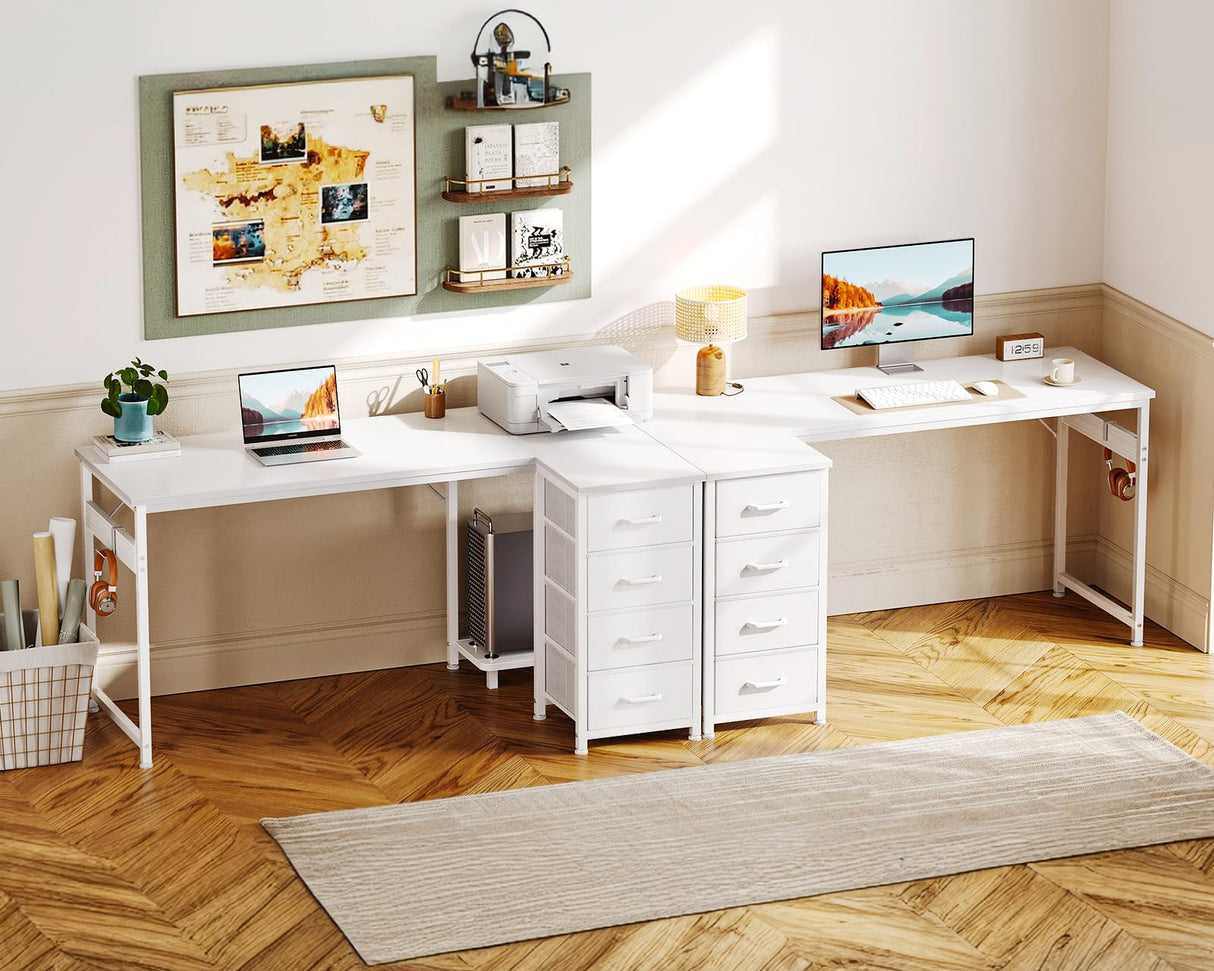 Casaottima L Shaped Desk with 4 Drawers, 47" White Computer Desk with Storage, Reversible Kids Study Table with CPU Stand & Hook, Corner Work Table for Home Office Casaottima