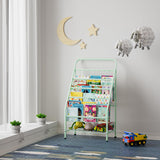 JAQ Kid Bookshelf, 4-Tier Metal Sling Kids Display Bookshelves Bookcase with Toy Storage in Baby Corner Library Room Classroom Playroom for Toddlers Nursery Children (4-tier/28.35inch, Green) JAQ