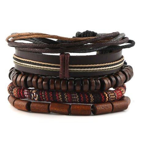 HZMAN Mix 5 Wrap Bracelets Men Women, Hemp Cords Wood Beads Ethnic Tribal Bracelets, Leather Wristbands HZMAN