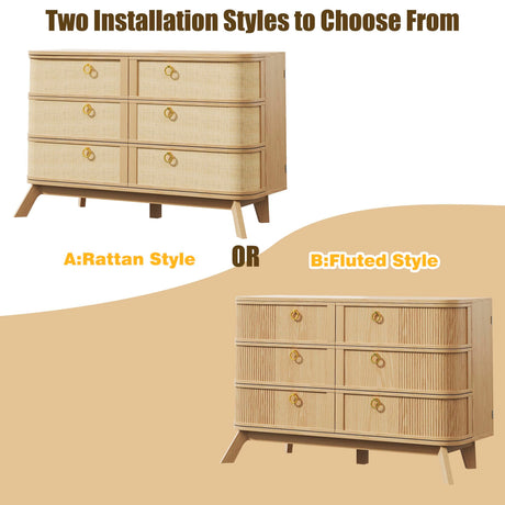 HUAHUU 6 Drawer Rattan Dresser for Bedroom, 43'' Fluted Modern Wooden Dresser with Metal Handles&Wood Legs, Curved Profile Design, Boho Chest of Drawers for Bedroom, Living Room, Natural HUAHUU