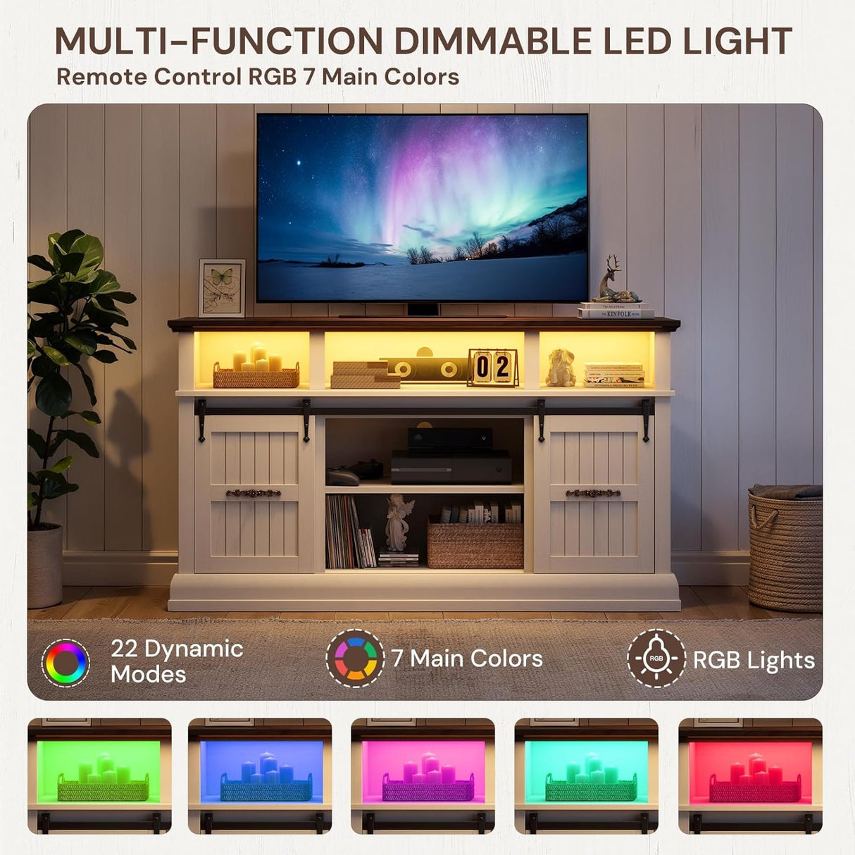 Farmhouse TV Stand for 75 Inch TV, 32" Tall Entertainment Center with LED Light, Sliding Barn Doors TV Stand Rustic Media Console with Storage Cabinets and Adjustable Shelves for Living Room, White PinkMuse