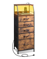 WLIVE LED Nightstand with Charging Station, Fabric Dresser with 5 Drawers for Bedroom, Tall Night Stand with Open Shelves, Bed Side Tables Living Room, Rustic Brown WLIVE