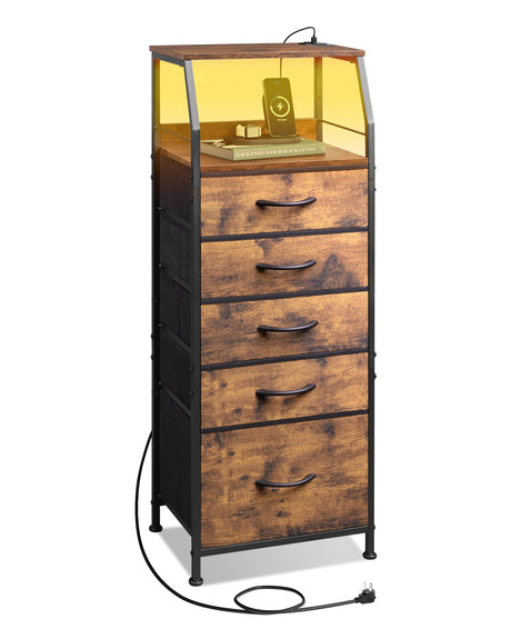WLIVE LED Nightstand with Charging Station, Fabric Dresser with 5 Drawers for Bedroom, Tall Night Stand with Open Shelves, Bed Side Tables Living Room, Rustic Brown WLIVE