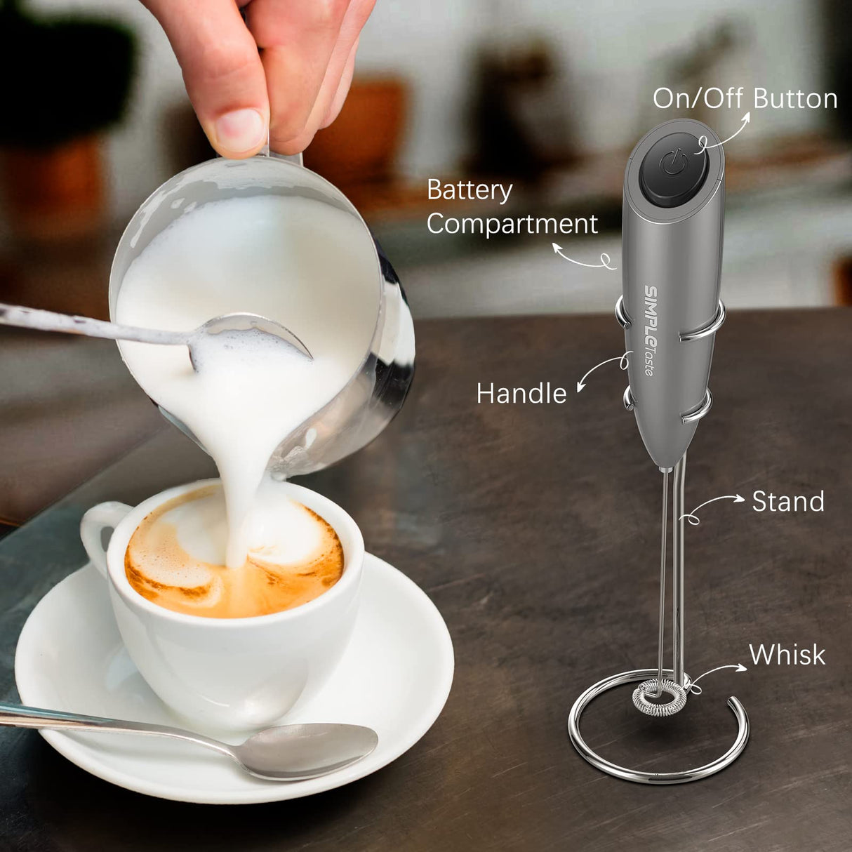 SIMPLETaste Milk Frother Handheld Battery Operated Electric Foam Maker, Drink Mixer with Stainless Steel Whisk and Stand for Cappuccino, Bulletproof Coffee, Latte SIMPLETASTE