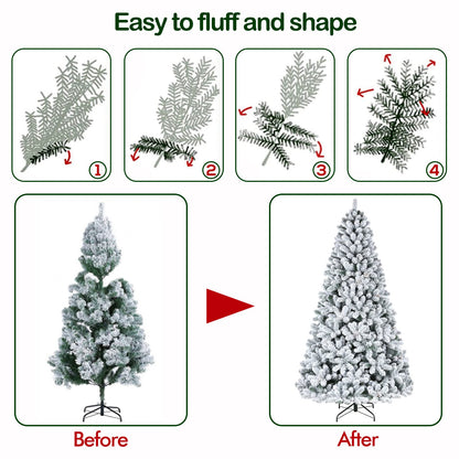 Hykolity 9 ft Snow Flocked Christmas Tree with 600 Warm White Lights, 2100 Tips, Metal Stand and Hinged Branches