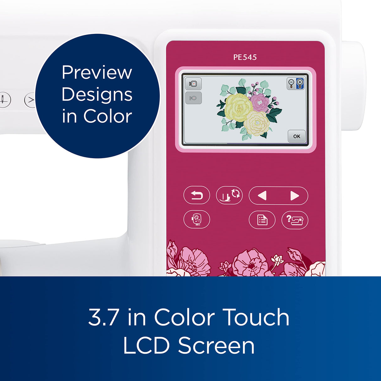 Brother PE545 Embroidery Machine, Wireless LAN Connected, 135 Built-in Designs, 4" x 4" Hoop Area, Large 3.7" LCD Touchscreen, USB Port, 10 Font Styles Brother