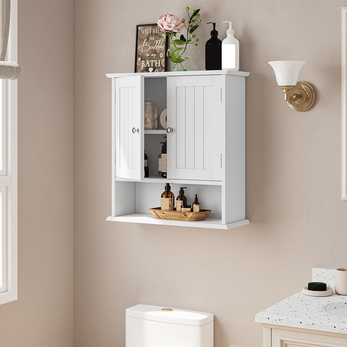 Mino Kesper Bathroom Wall Cabinet, Bathroom Cabinet Wall Mount with 2 Doors and Open Shelf, Over The Toilet Wall Storage Cabinet, Bathroom Medicine Cabinet Mino Kesper