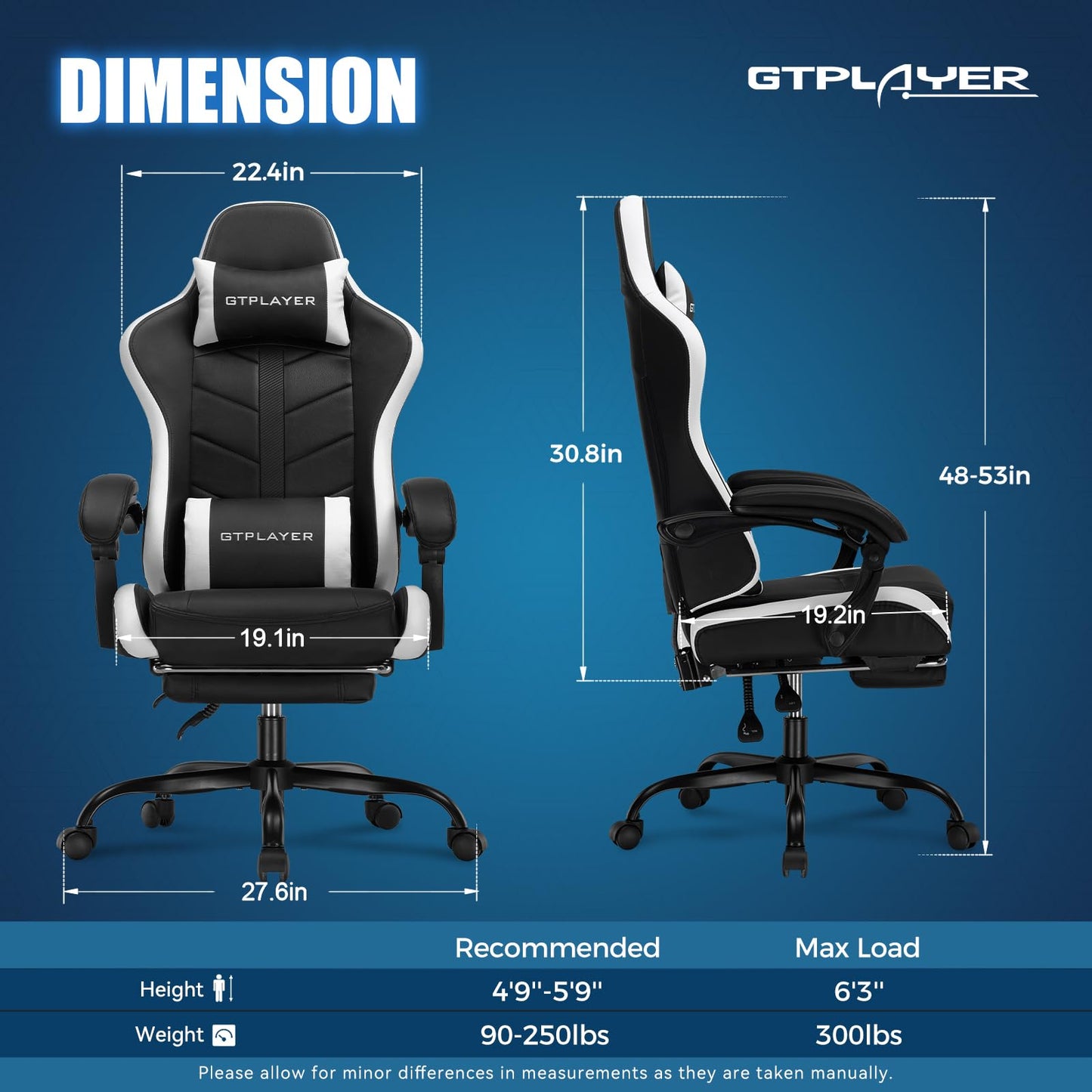 GTPLAYER Gaming Chair with Footrest, Computer Gaming Chair for Adults and Kids, Height Adjustable Gamer Chair with 90-155° Recline & Removable Headrest Lumbar Support (Carbon Black-White)