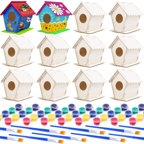 hapray 12 Pack Bird House Kit, DIY Birdhouse Kits, Wooden Crafts Arts for Children to Build and Paint (Includes Paints & Brushes) for Kids Girls Boys Toddlers Christmas Gift hapray