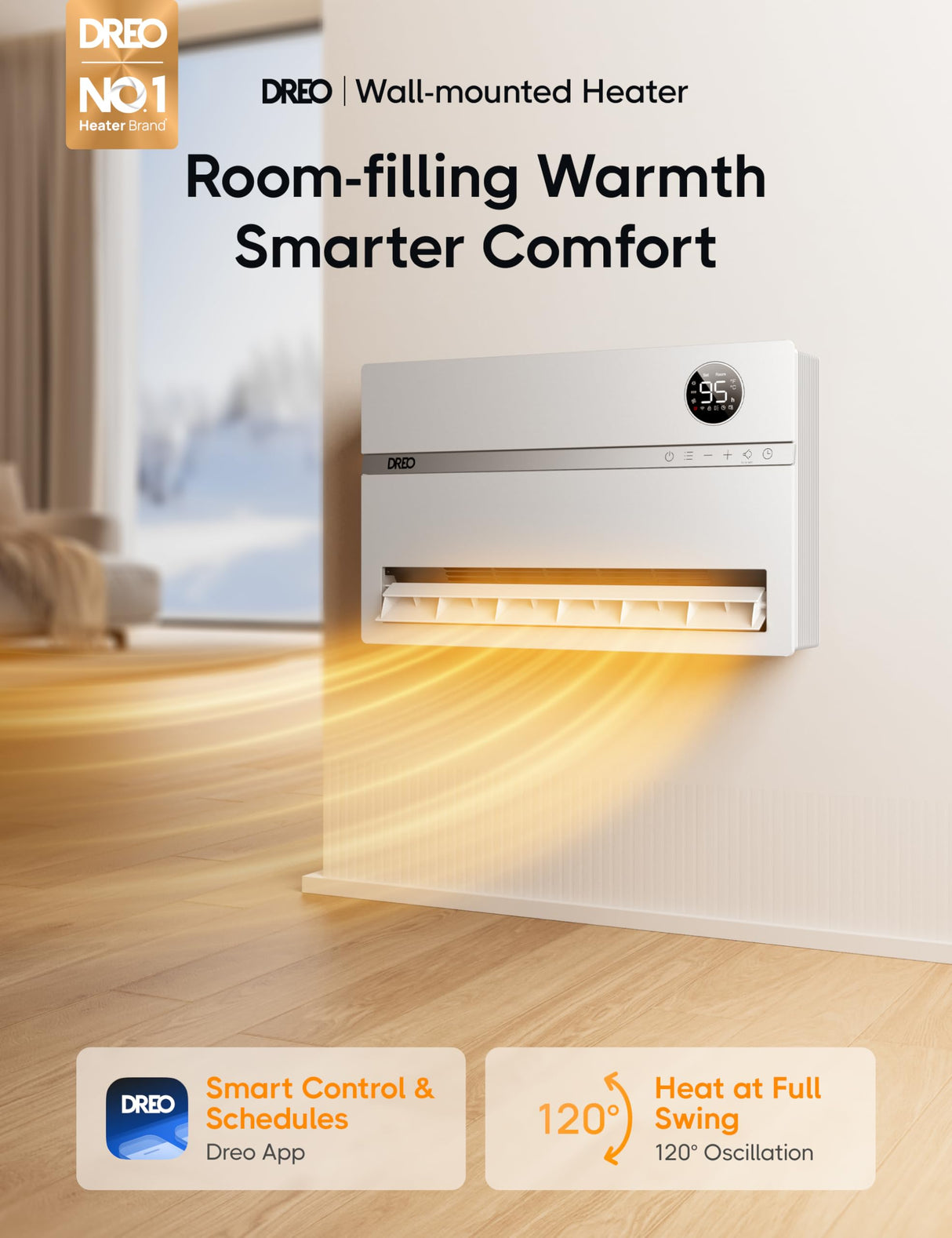 Dreo Smart Wall Heater, Electric Space Heater for Bedroom 1500W, 120° Vertical Oscillation, Adjustable Thermostat, Remote Control, 24H Timer, Easy-Mount Heater for Indoor Use, Works with Alexa, WH719S Dreo