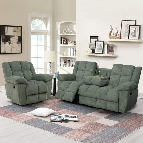 SIENWIEY Recliner Sofa Set for Reclining Living Room Furniture，Green Corduroy Reclining Sofa and Chair Set Manual Fabric 3 Seater Reclining Couch with Drop Down Table + Single Recliner SIENWIEY