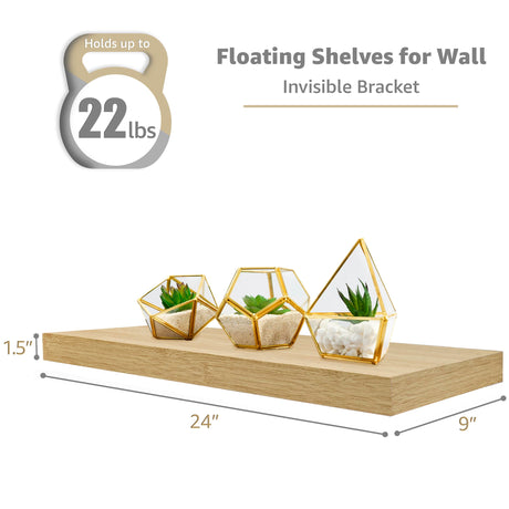 Sorbus Floating Shelves for Wall - 24" Bathroom Shelves, Wall Decor for Bedroom, Kitchen, Living Room, Home Decor & Book Storage - Mounted Floating Shelf with Invisible Brackets (Maple Wood, 3 Pack) Sorbus
