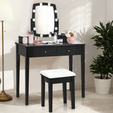 CHARMAID Vanity Table Set with Lighted Mirror, 10 LED Bulbs Adjustable Brightness, 4 Drawers 2 Dividers, Modern Bedroom Makeup Desk Dressing Table with Cushioned Stool for Girls Women (Black) CHARMAID