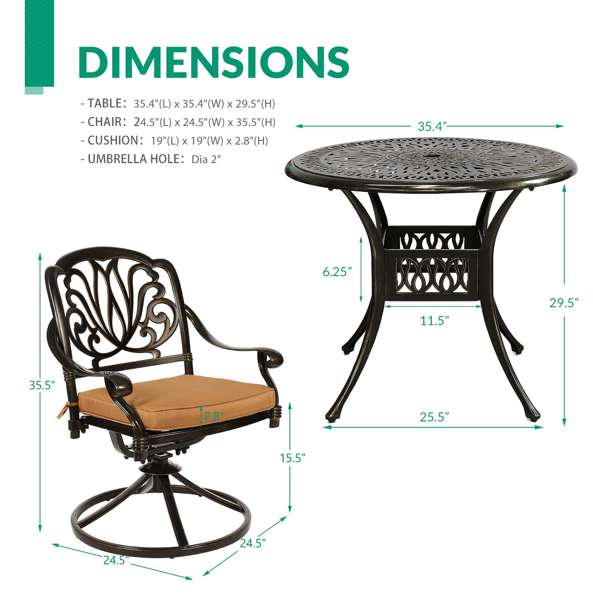 VIVIJASON 5-Piece Outdoor Patio Dining Set, All-Weather Cast Aluminum Conversation Set, Patio Furniture Set for Balcony Lawn Garden, Include 4 Swivel Dining Chairs, a 35.4" Round Table w/Umbrella Hole VIVIJASON