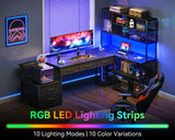 AODK 79 inch L Shaped Desk with File Drawers, Reversible L Shaped Gaming Desk with Power Outlets & LED Lights, Computer Desk with Storage Shelves for Home Office, Black AODK