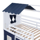 Harper & Bright Designs House Twin Loft Bunk Bed with Tent,Kids Twin Loft Bed with Ladders,Guardrail,Windows & Roof, Wood Twin Over Twin Playhouse Bunk Bed for Kids Teens Boys & Girls (Blue & White) Harper & Bright Designs