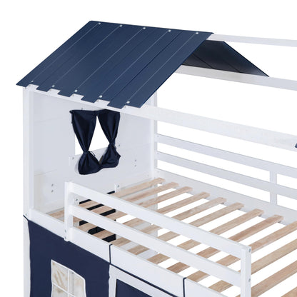 Harper & Bright Designs House Twin Loft Bunk Bed with Tent,Kids Twin Loft Bed with Ladders,Guardrail,Windows & Roof, Wood Twin Over Twin Playhouse Bunk Bed for Kids Teens Boys & Girls (Blue & White)