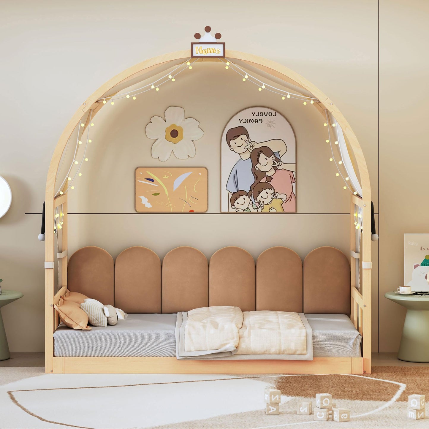 Polibi Twin Size Extended Bed with Arched Canopy, Trundle and Light Strip, Wooden Canopy Bed with Whiteboard (Natural)